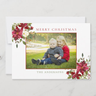 Merry Christmas Floral Watercolor Photo Holiday Card