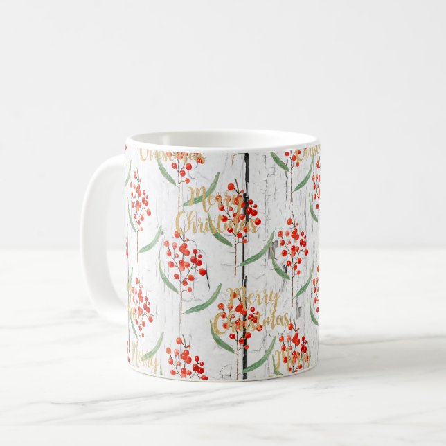 Merry Christmas Floral Wooden Planks Coffee Mug (Front Left)