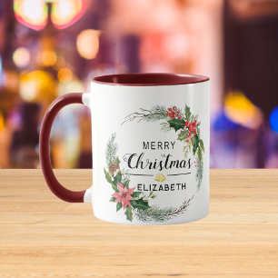 Merry Christmas Floral Wreath and Script Maroon Mug