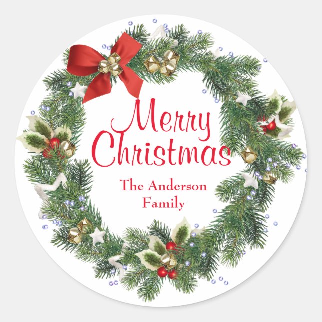 Merry Christmas Floral Wreath Classic Round Sticker (Front)