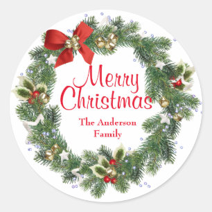 Merry Christmas Floral Wreath Classic Round Sticker