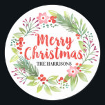 Merry Christmas Floral Wreath Classic Round Sticker<br><div class="desc">A watercolor Christmas floral wreath Sticker. Personalize it to use with  your Holiday Cards and gifts. Designed for you by Blackberry Boulevard.</div>