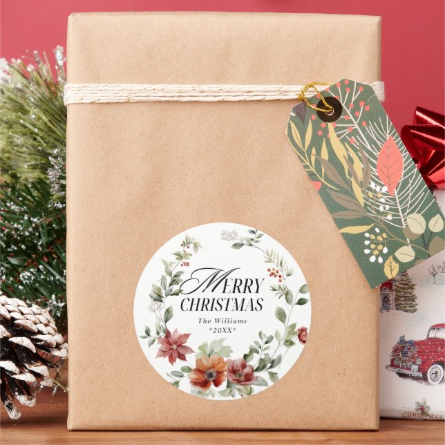Merry Christmas Floral Wreath Family Name Classic Round Sticker (Holiday)