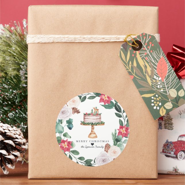 Merry Christmas | Floral Wreath Holiday Cake Classic Round Sticker (Holiday)