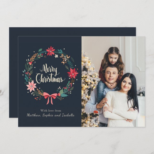 Merry Christmas Floral Wreath Personalized Photo Card (Front/Back)