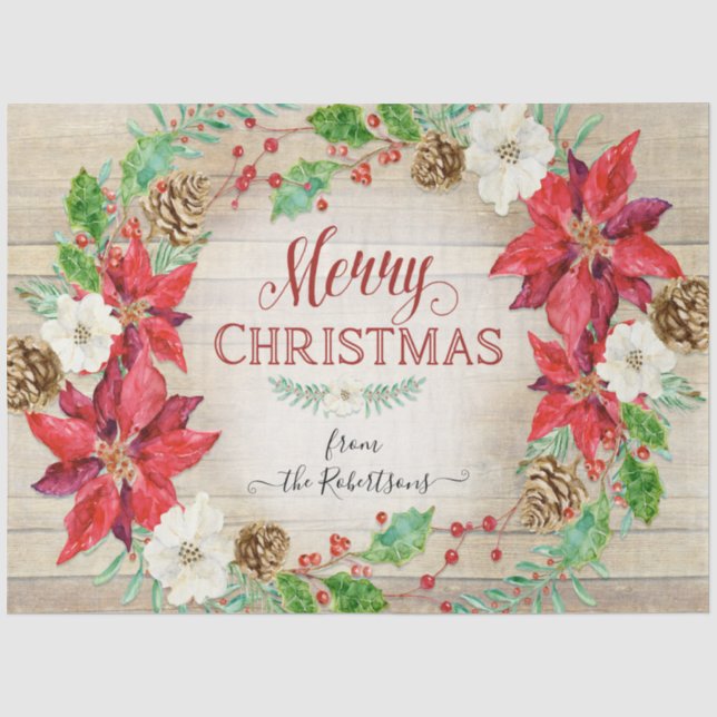Merry Christmas Floral Wreath Script Typography Tissue Paper (Front)