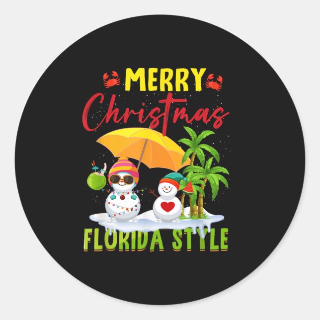 Merry Christmas Florida Style Snowman Summer Vacat Classic Round Sticker (Front)