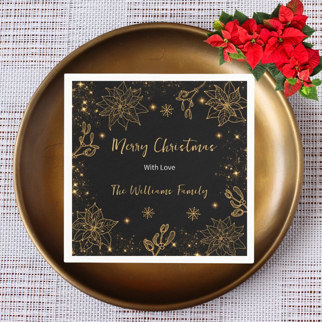 Merry Christmas Flowers and Stars | Black Gold Napkin (Creator Uploaded)