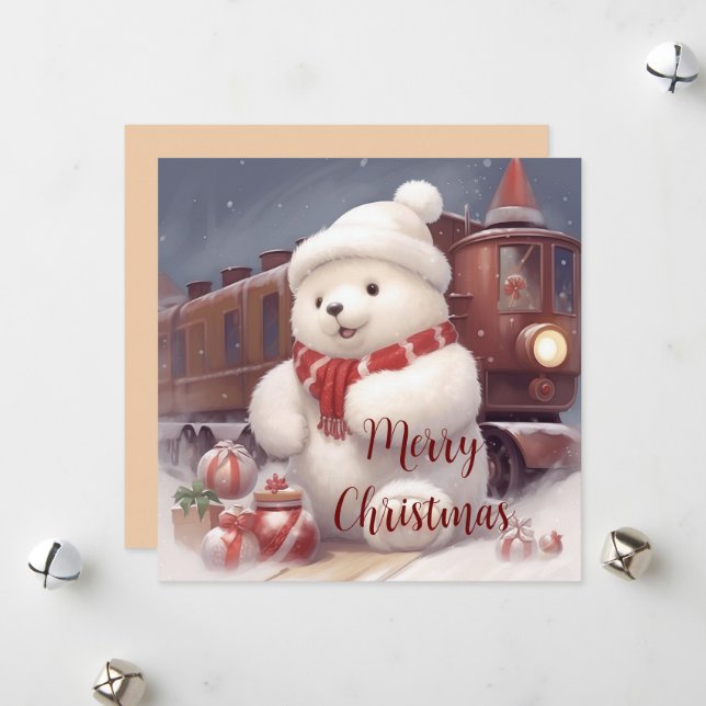Merry Christmas - Fluffy Polar Bear and Train Card (Front/Back In Situ)