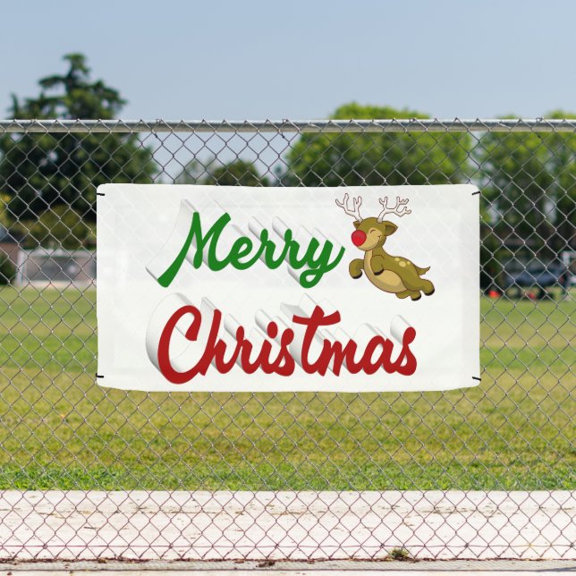 Merry Christmas Flying Reindeer red green script Banner (Insitu)