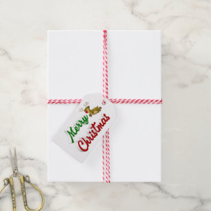 Merry Christmas Flying Reindeer red green script Gift Tags