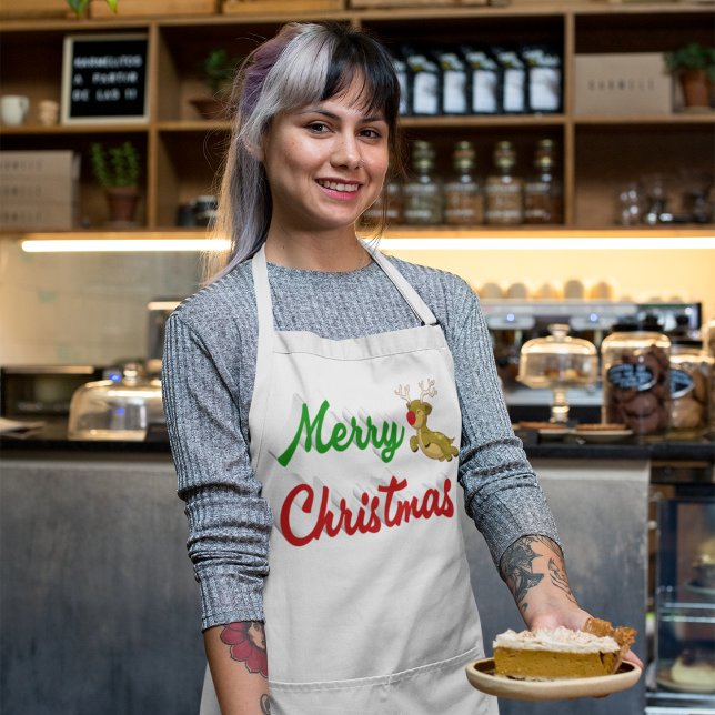 Merry Christmas Flying Reindeer red green script Long Apron (Creator Uploaded)