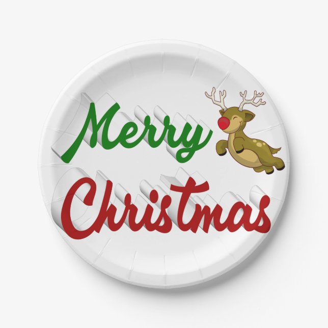 Merry Christmas Flying Reindeer red green script Paper Plate (Front)