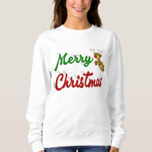 Merry Christmas Flying Reindeer red green script Sweatshirt
