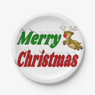 Merry Christmas Flying Reindeer typography  Paper Plate