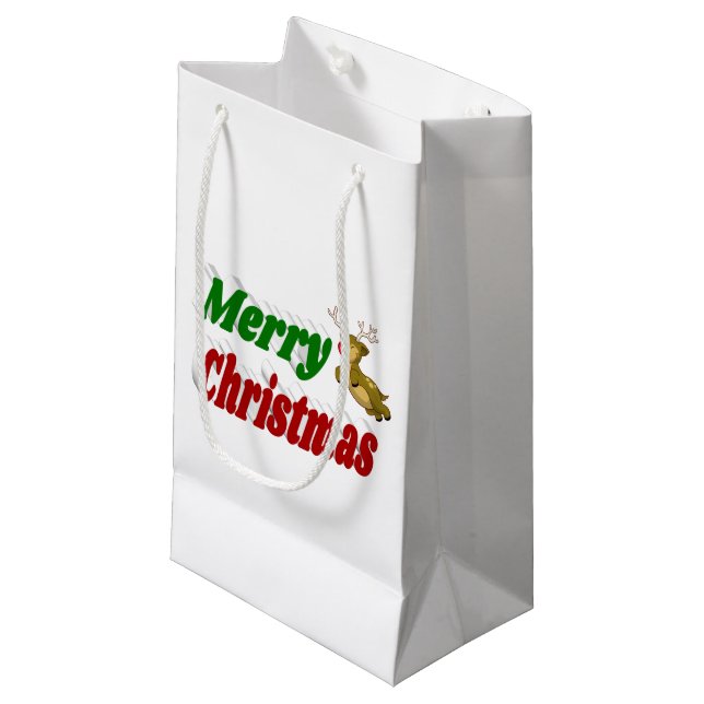 Merry Christmas Flying Reindeer typography Small Gift Bag (Front Angled)