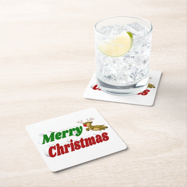Merry Christmas Flying Reindeer typography  Square Paper Coaster (Insitu)