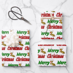 Merry Christmas Flying Reindeer typography Wrapping Paper Sheet
