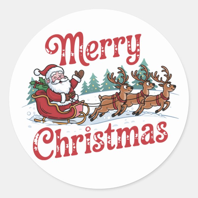 Merry Christmas Flying Santa Sleigh Reindeer  Classic Round Sticker (Front)