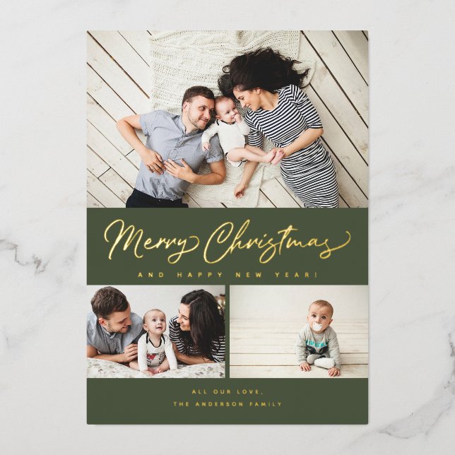Merry Christmas Foil Script 3 Collage Multi-Photo Foil Holiday Card (Front)