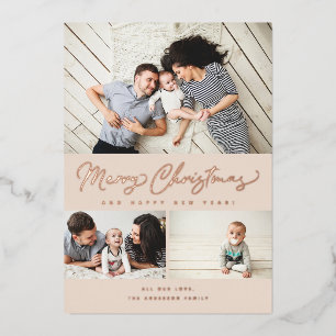 Merry Christmas Foil Script 3 Collage Multi-Photo Holiday Card