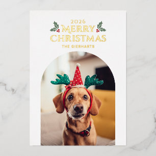Merry Christmas Foliage Family Pet Photo Foil Holiday Card