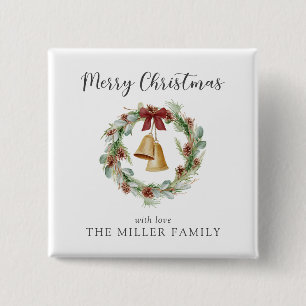 Merry Christmas, foliage wreath with golden bells 2 Inch Square Button