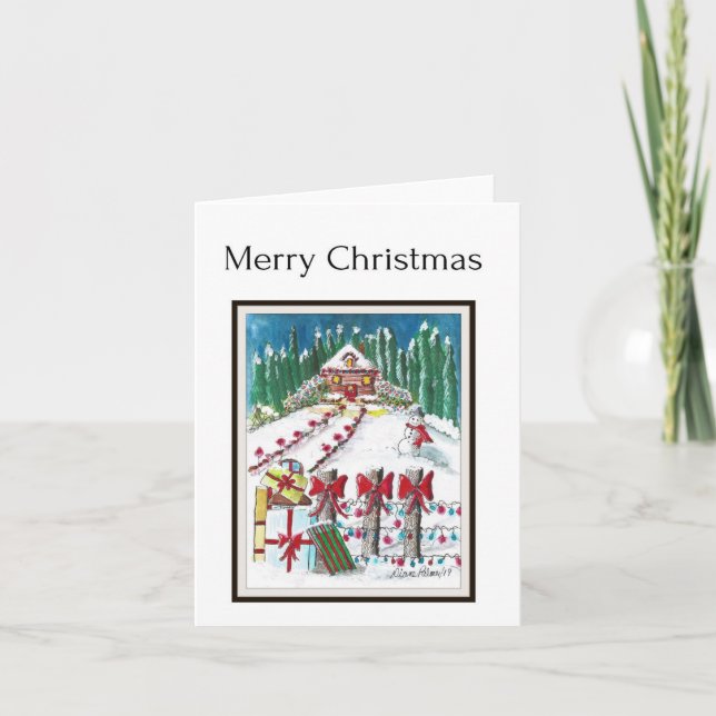 Merry Christmas, Folk Art, Country Christmas Scene Card (Front)