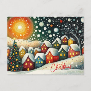 Merry Christmas Folk Art Village, Christmas Tree Holiday Postcard