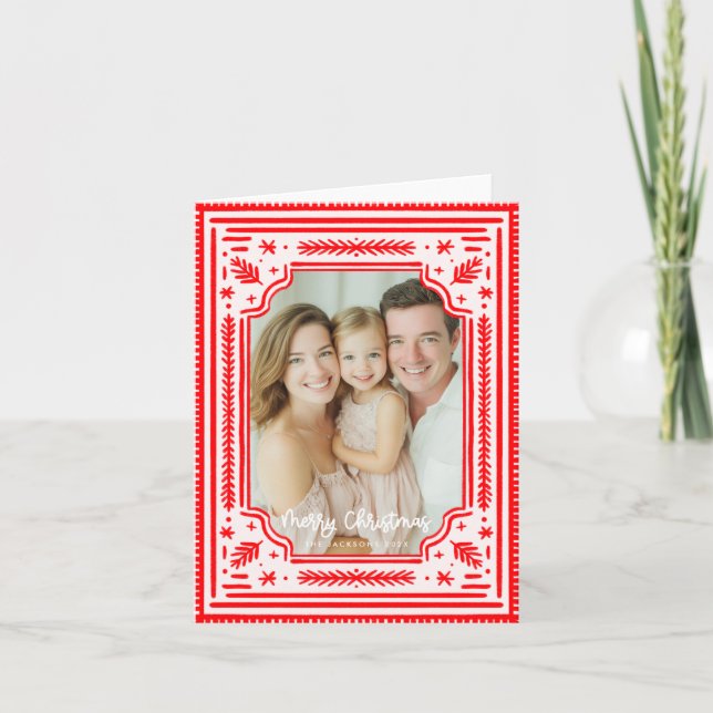 Merry Christmas Folk Red Skandinavian Design Holiday Card (Front)