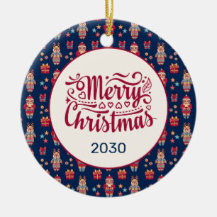 Merry Christmas Folk Santa Reindeer Blue Custom Ceramic Ornament