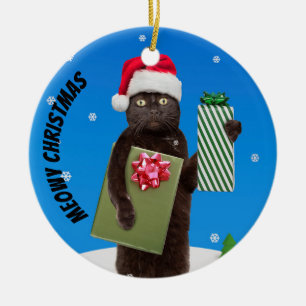Merry Christmas For Anyone Black Cat With Gifts Ceramic Ornament
