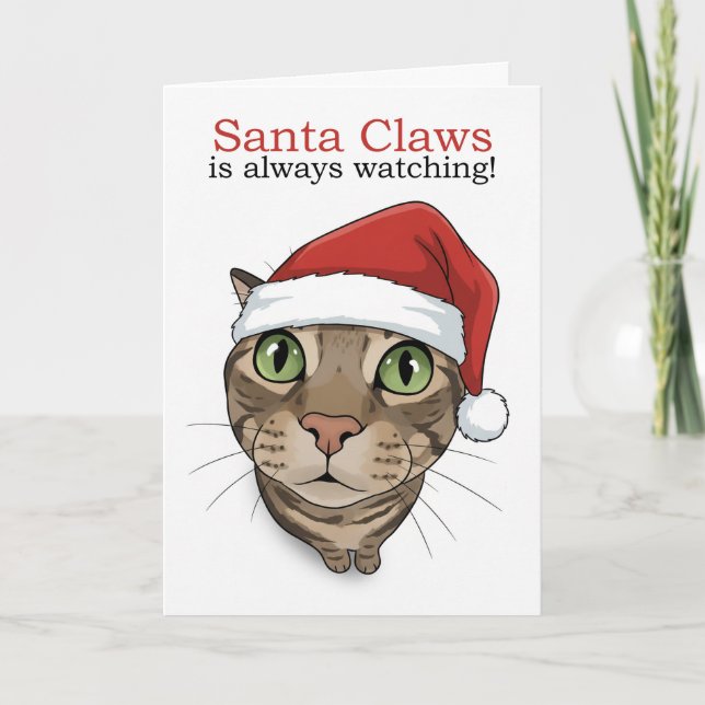 Merry Christmas For Anyone Funny Cat in Santa Hat  Holiday Card (Front)