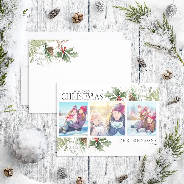 Merry Christmas Forest Berry Pinecone Photo Holiday Card (Creator Uploaded)