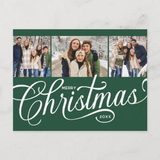 Merry Christmas Forest Green Script Family 3 Photo Holiday Postcard