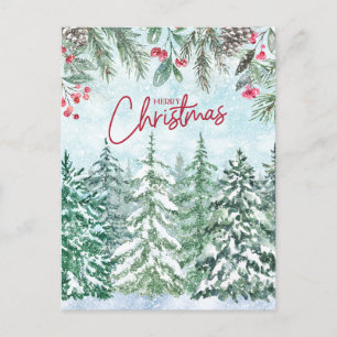 Merry Christmas Forest, Red Berries, Pinecones  Holiday Postcard