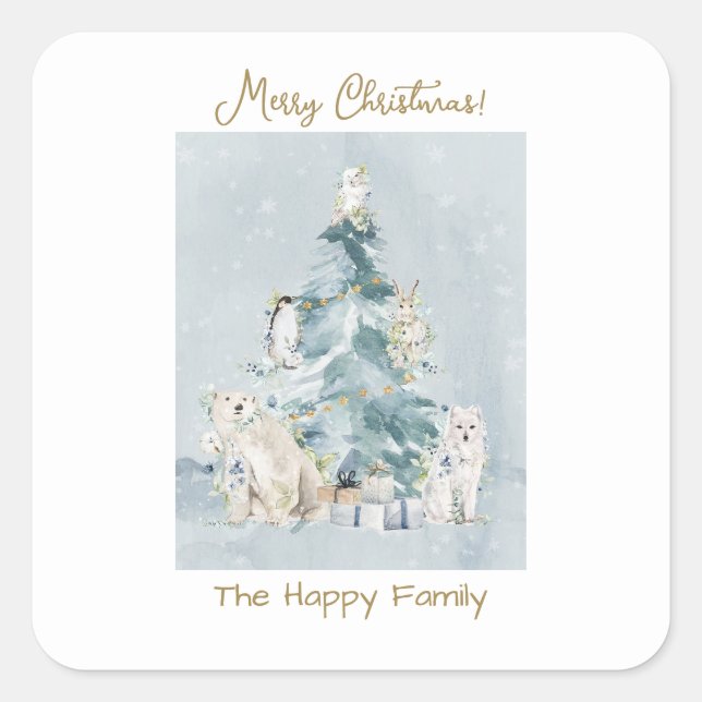  Merry Christmas Forest  Watercolor Holiday Card Square Sticker (Front)