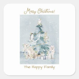 Merry Christmas Forest Watercolor Holiday Card Square Sticker