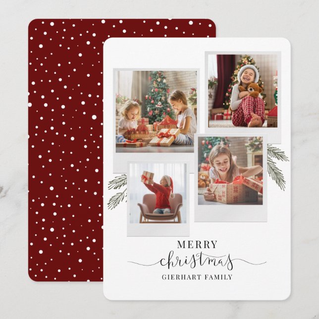 Merry Christmas Four Photo Script Botanical Holiday Card (Front/Back)