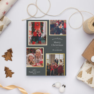 Merry Christmas Four Photos Classic Stripes Green Foil Holiday Card