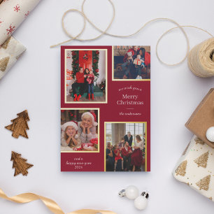 Merry Christmas Four Photos Classic Stripes Red Foil Holiday Card