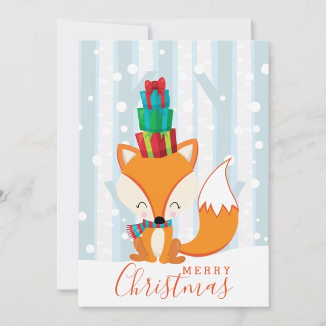 Merry Christmas Fox Presents Woodland Cartoon Fun  Holiday Card (Front)