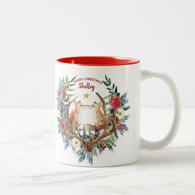 merry christmas foxes berries wreath Two-Tone coffee mug (Right)