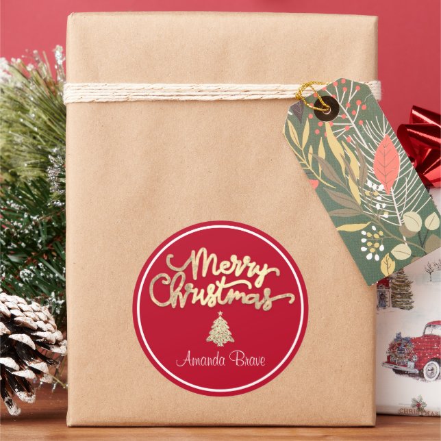 Merry Christmas Framed Glitter Tree Name Gold Classic Round Sticker (Holiday)