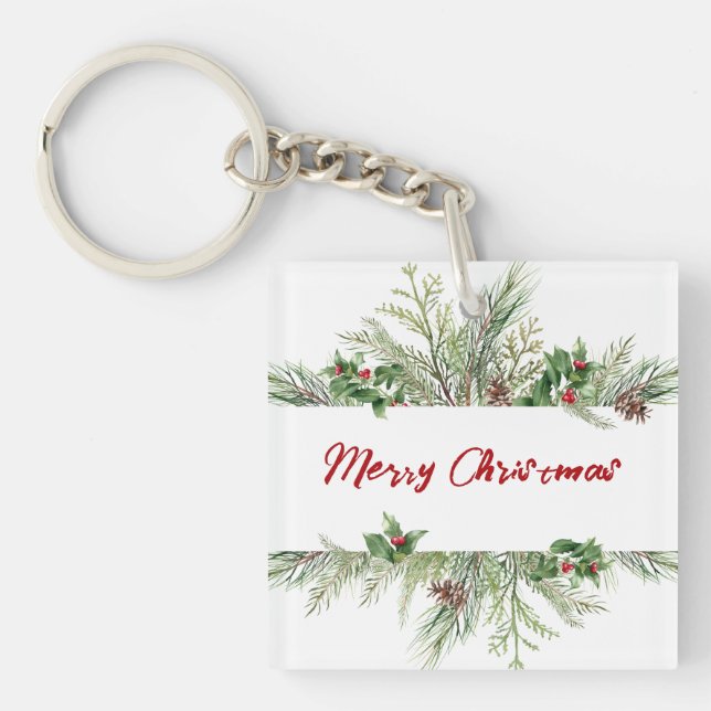 Merry Christmas Framed Winter Wheath Greeting Keychain (Front)