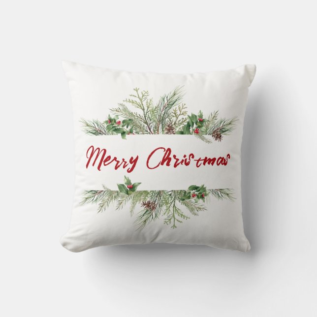 Merry Christmas Framed Winter Wheath Greeting Throw Pillow (Front)