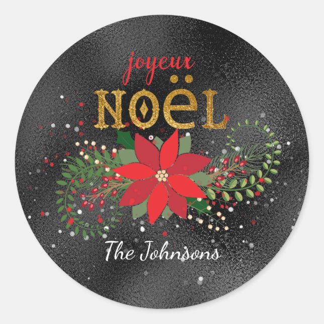 Merry Christmas French Black Glass Glitter Classic Round Sticker (Front)