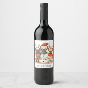 Merry Christmas French Bulldog Reindeer Dogs Wine Label