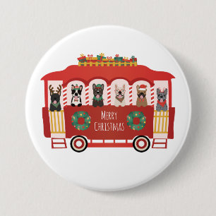 Merry Christmas French Bulldogs Holiday Trolly 3 Inch Round Button