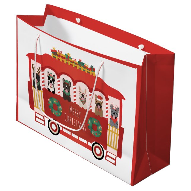 Merry Christmas French Bulldogs Holiday Trolly Large Gift Bag (Front Angled)